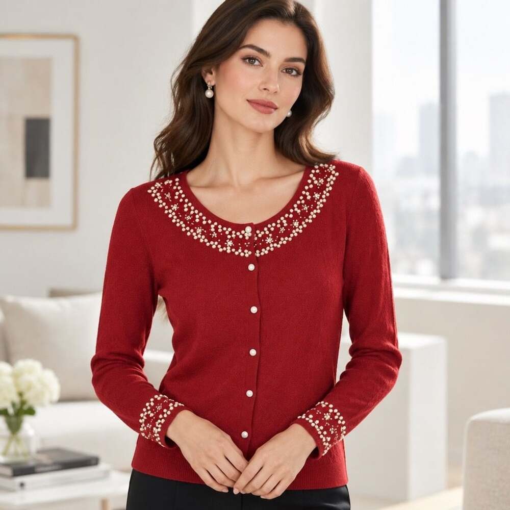 Emma James Cardigan Sweater Size 1X Red Pearl Embellished Knit